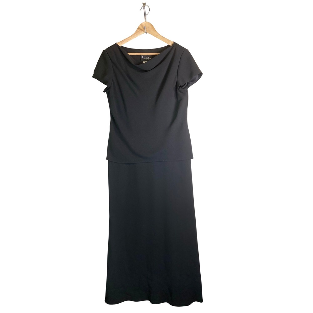 SL Fashions Black Cowl Neck Short Sleeve Maxi Dress Formal Gown Size 12 145194